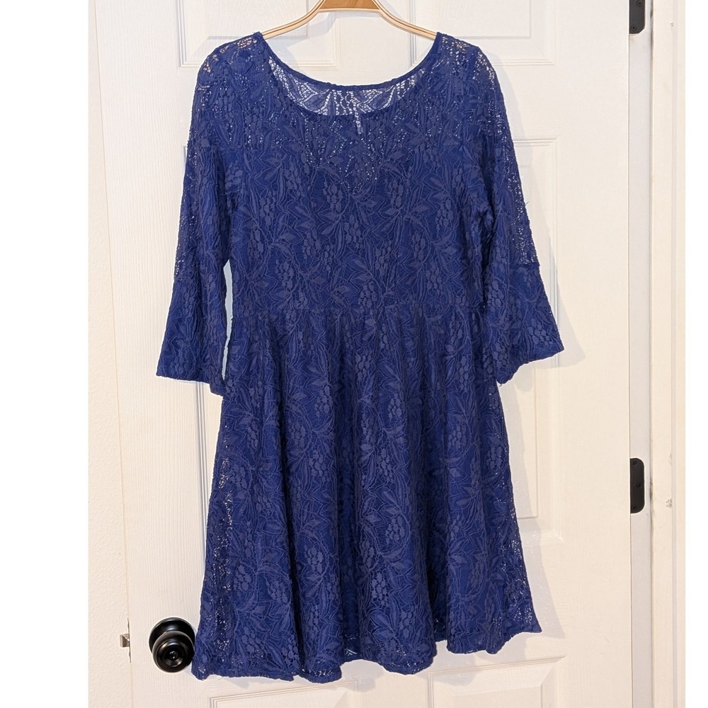 Free People Royal Blue Floral Lace Fit and Flare‎ 3/4 Sleeve Mini Dress Small - Picture 5 of 10